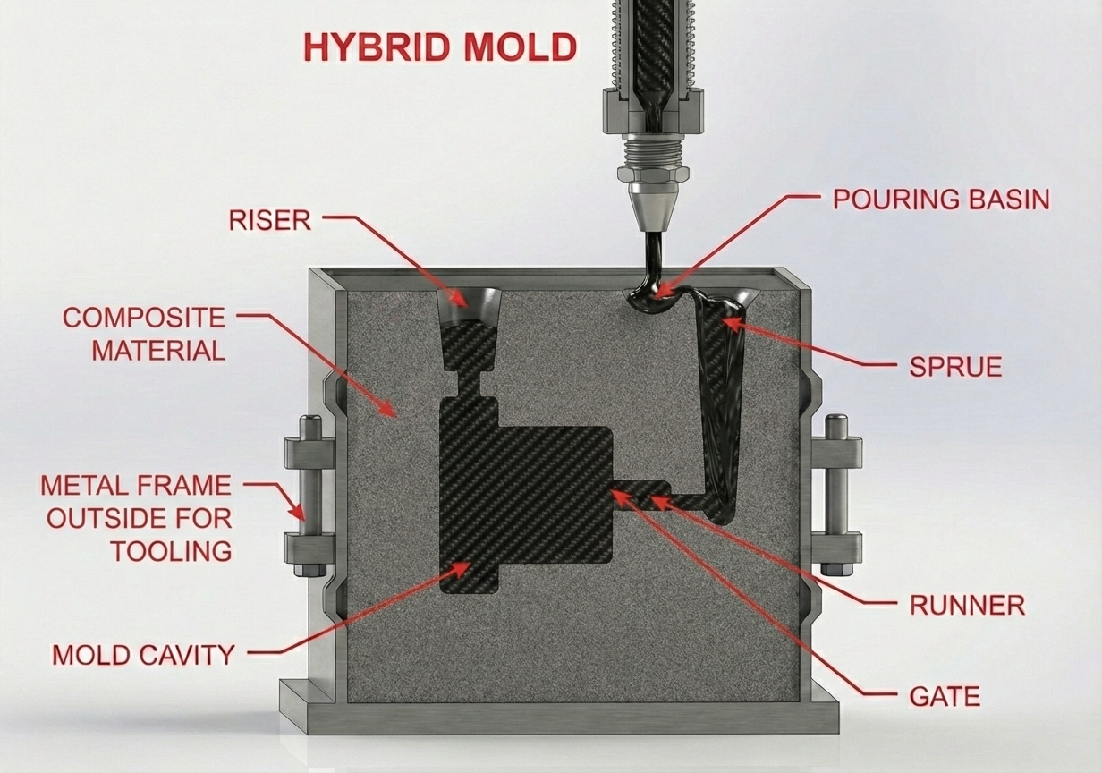 Section view of the hybrid mold system showing the composite material, mold cavity, external metal tooling frame, pouring basin, sprue, runner, gate and riser